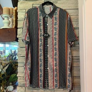 Hoooyi Men’s 2XL Short Sleeve Button Up Elephant Print 100% Rayon NWT